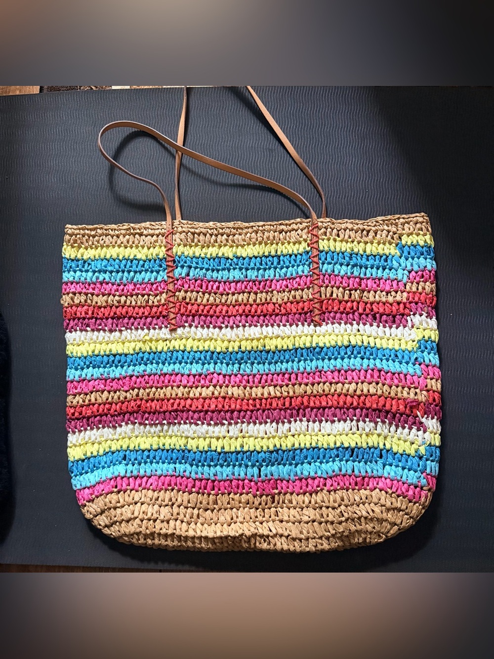 Striped Multicolor Woven Tote with Tan Leather Straps
